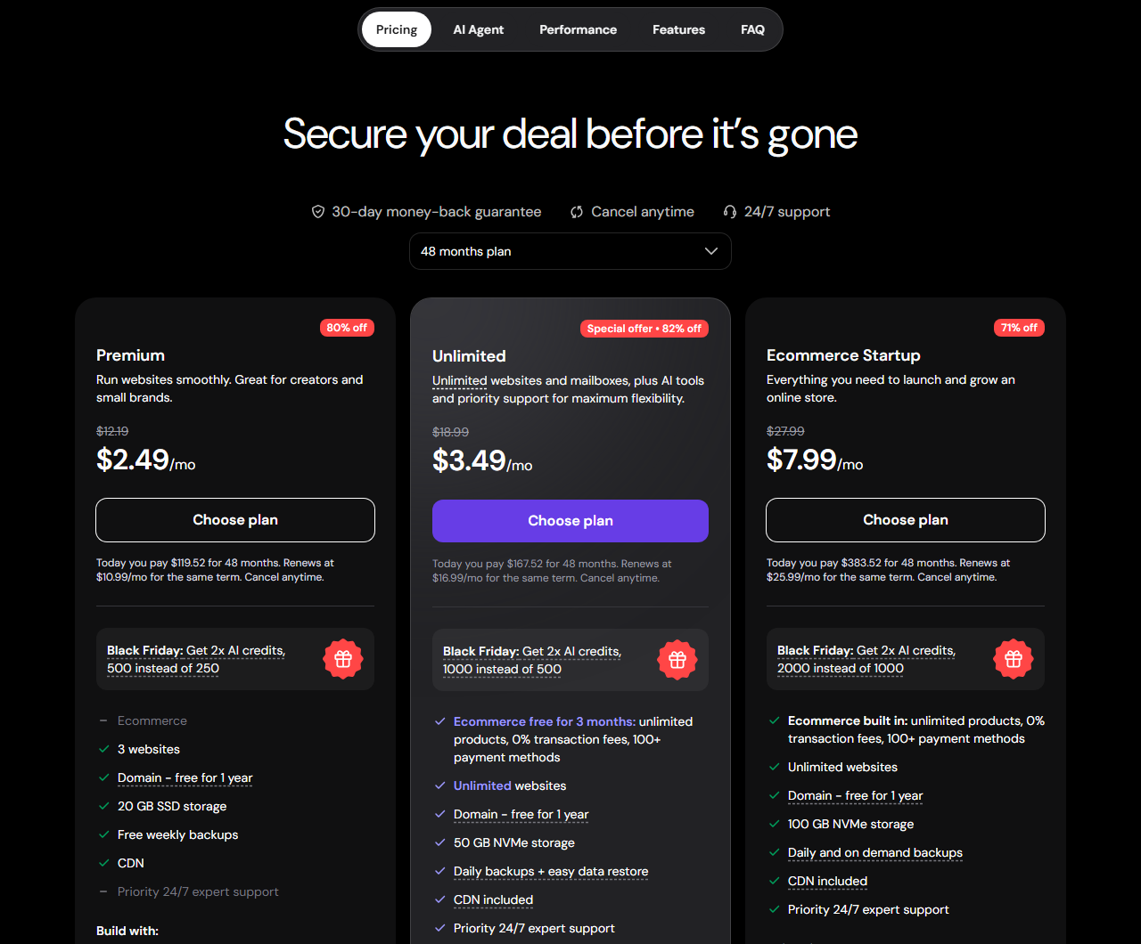 Hostinger WordPress hosting cards headed Secure your deal before it is gone, on a 48 months plan during a Black Friday sale: Premium 2.49 dollars a month, struck-through 12.19, today you pay 119.52 dollars for 48 months, renews at 10.99 dollars a month for the same term, 3 websites, 20 GB SSD storage, free weekly backups; Unlimited 3.49 dollars, renews at 16.99; Ecommerce Startup 7.99 dollars, renews at 25.99
