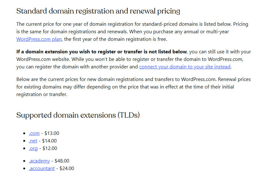 WordPress.com support guide Standard domain registration and renewal pricing, saying pricing is the same for registrations and renewals, the first year is free with any annual or multi-year plan, and listing supported extensions starting .com 13 dollars, .net 14 dollars, .org 12 dollars