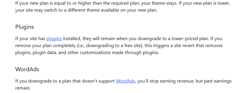 WordPress.com downgrade guide text: plugins remain when you downgrade to a lower-priced plan, but if you remove your plan completely, downgrading to a free site, this triggers a site revert that removes plugins, plugin data, and other customizations made through plugins