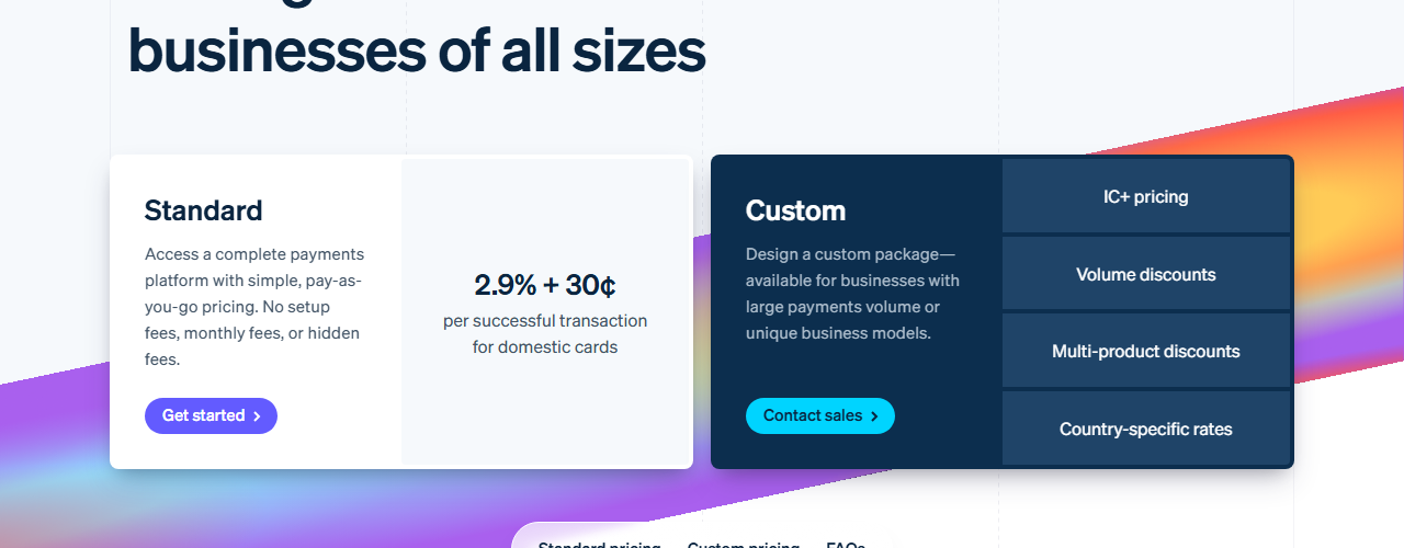 Stripe pricing page headed Pricing built for businesses of all sizes: Standard, 2.9% plus 30 cents per successful transaction for domestic cards, with no setup fees, monthly fees, or hidden fees, next to a Custom package with IC+ pricing, volume discounts, multi-product discounts and country-specific rates