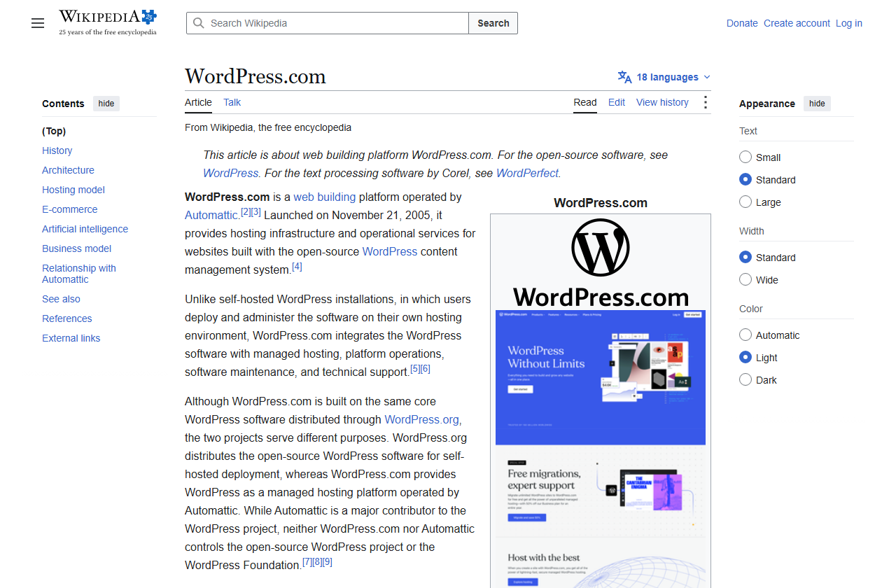 Wikipedia article WordPress.com: WordPress.com is a web building platform operated by Automattic, launched on November 21, 2005, providing hosting infrastructure and operational services for websites built with the open-source WordPress content management system, with an infobox image of the WordPress.com home page as of September 2024