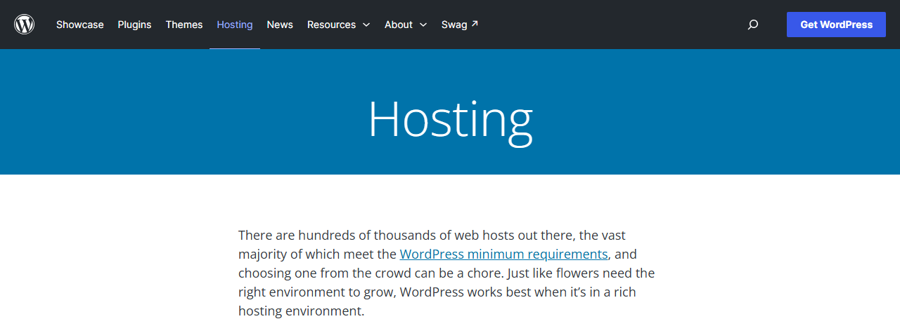WordPress.org Hosting page with the WordPress.org navigation and the text: there are hundreds of thousands of web hosts out there, the vast majority of which meet the WordPress minimum requirements, and choosing one from the crowd can be a chore