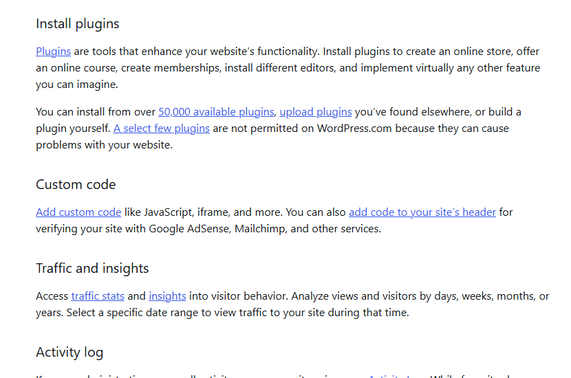 WordPress.com Personal plan guide sections Install plugins (install from over 50,000 available plugins, upload plugins found elsewhere or build one; a select few plugins are not permitted), Custom code and Traffic and insights