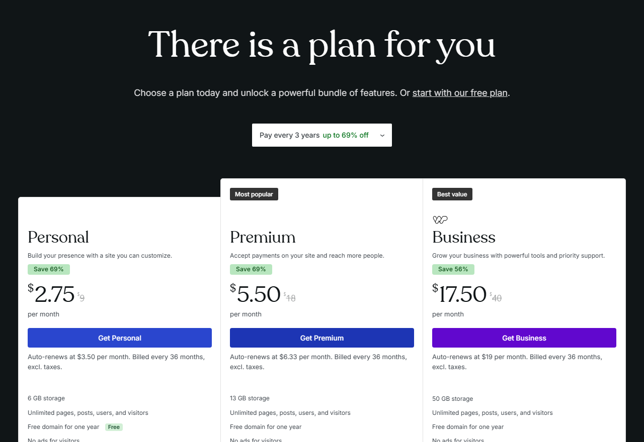 WordPress.com pricing cards with the billing selector set to Pay every 3 years, showing Personal 2.75 dollars, Premium 5.50 dollars and Business 17.50 dollars per month with their savings badges and auto-renew lines