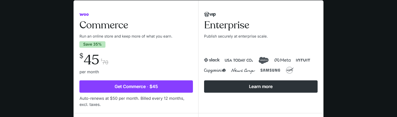 WordPress.com Commerce plan card, Run an online store and keep more of what you earn, 45 dollars per month, struck-through 70, Save 35%, Get Commerce button, Auto-renews at 50 dollars per month, billed every 12 months, excl. taxes, next to an Enterprise card with customer logos and a Learn more button