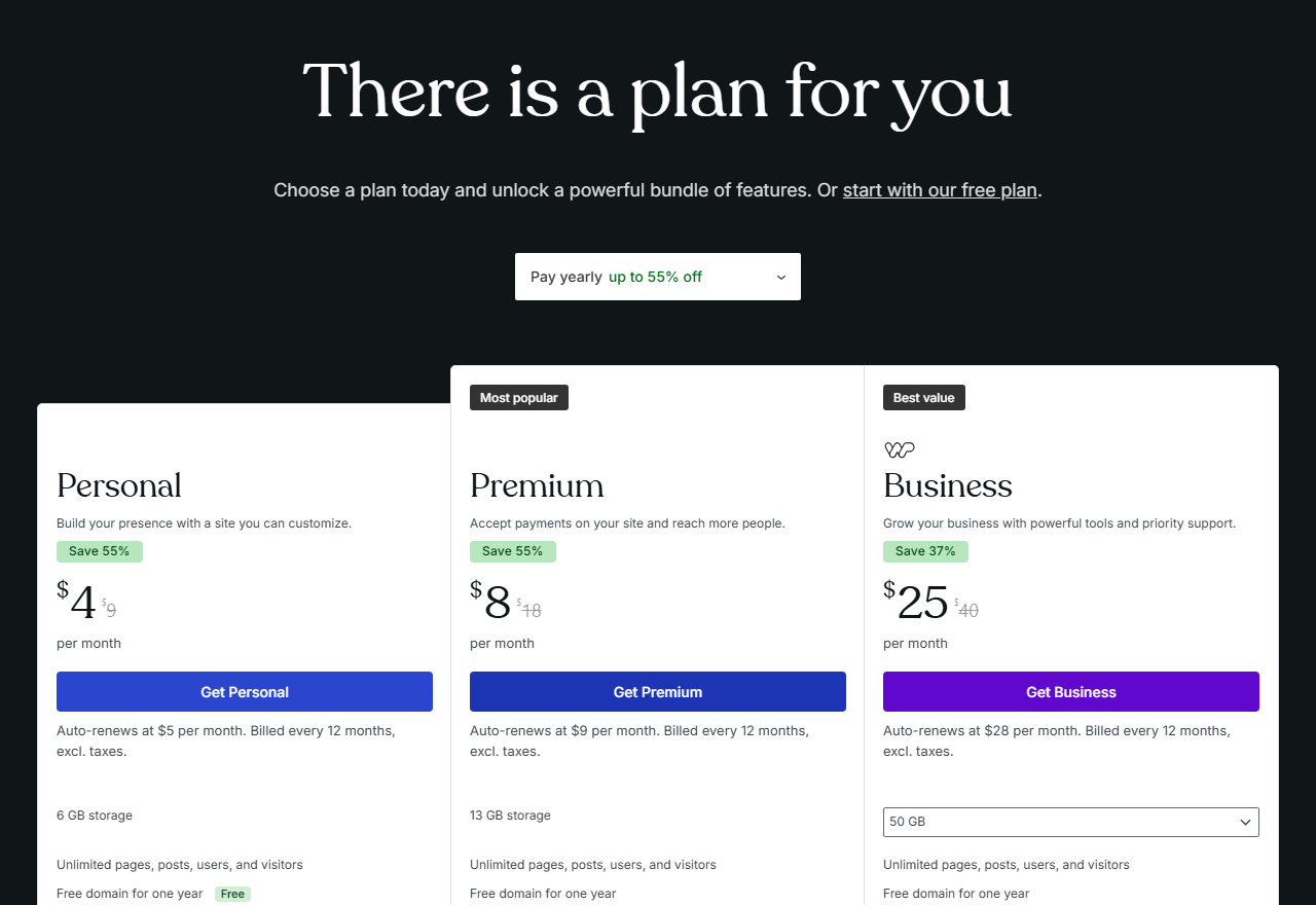 WordPress.com pricing page headed There is a plan for you, with a Pay yearly up to 55% off selector and three plan cards: Personal 4 dollars a month, struck-through 9, Save 55%, Auto-renews at 5 dollars per month, billed every 12 months, excl. taxes; Premium 8 dollars, struck-through 18, marked Most popular, auto-renews at 9 dollars; Business 25 dollars, struck-through 40, marked Best value, Save 37%, auto-renews at 28 dollars, with 6 GB, 13 GB and 50 GB storage