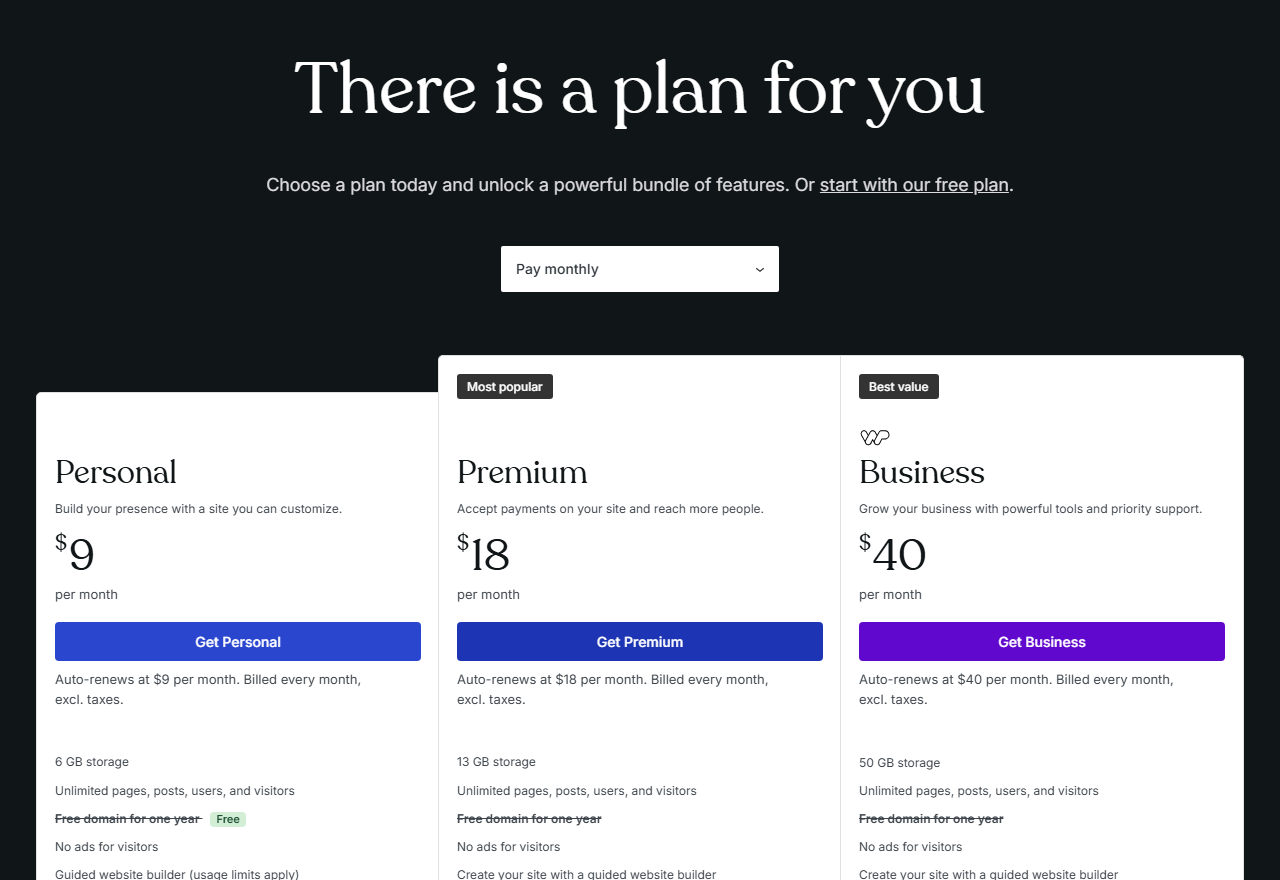 WordPress.com pricing cards with the billing selector set to Pay monthly, showing Personal 9 dollars, Premium 18 dollars and Business 40 dollars per month