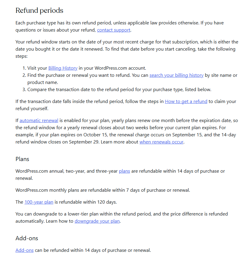 WordPress.com refund guide section Refund periods: your refund window starts on the date of your most recent charge; if automatic renewal is enabled, yearly plans renew one month before the expiration date so the refund window closes about two weeks before your plan expires, with the October 15 example; and Plans: annual, two-year and three-year plans refundable within 14 days, monthly plans within 7 days, the 100-year plan within 120 days
