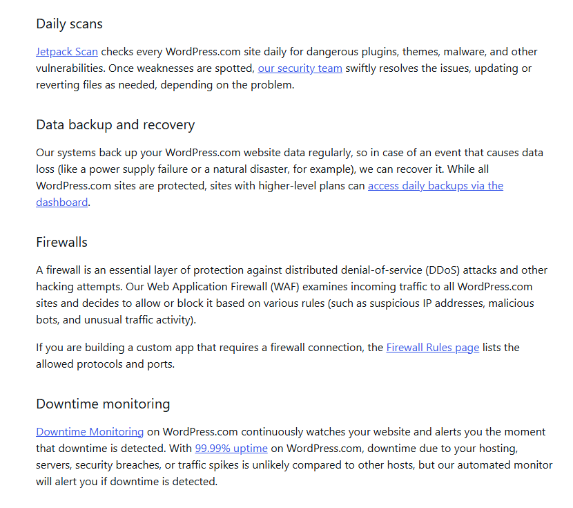 WordPress.com security guide sections Daily scans (Jetpack Scan checks every site daily), Data backup and recovery (higher-level plans can access daily backups via the dashboard), Firewalls (a web application firewall examines traffic to all sites) and Downtime monitoring, citing 99.99% uptime