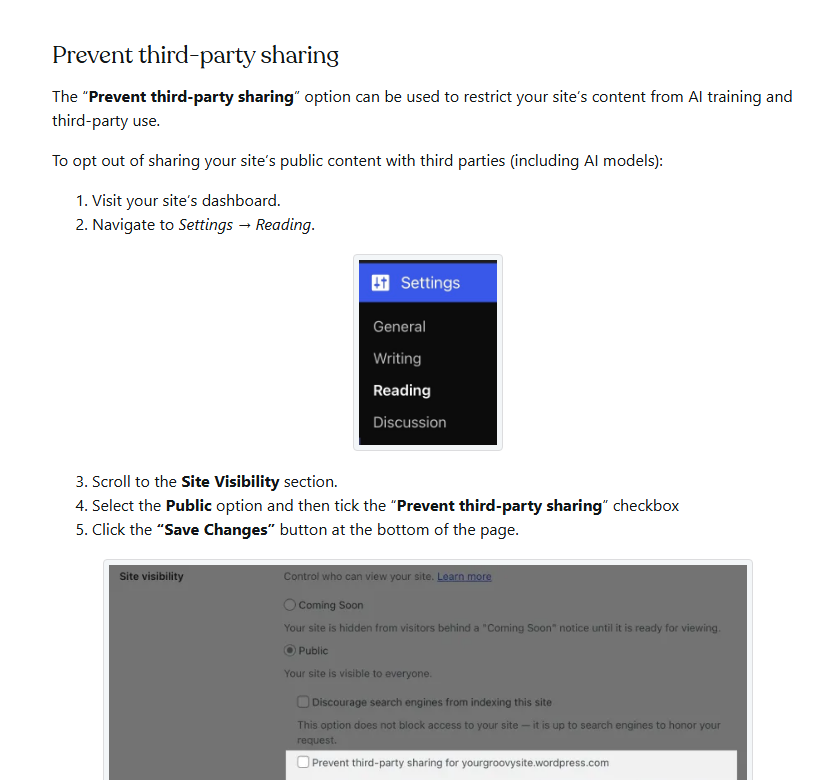 WordPress.com support guide section Prevent third-party sharing: the option can be used to restrict your site content from AI training and third-party use; steps to open Settings, Reading, scroll to Site Visibility, select Public and tick the Prevent third-party sharing checkbox, with a picture of the Site visibility settings including Discourage search engines and Prevent third-party sharing for yourgroovysite.wordpress.com