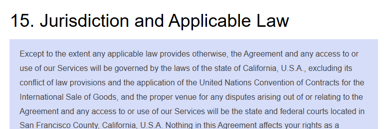 WordPress.com Terms of Service section 15, Jurisdiction and Applicable Law: governed by the laws of California, with disputes in the state and federal courts in San Francisco County, without affecting mandatory consumer rights in your country