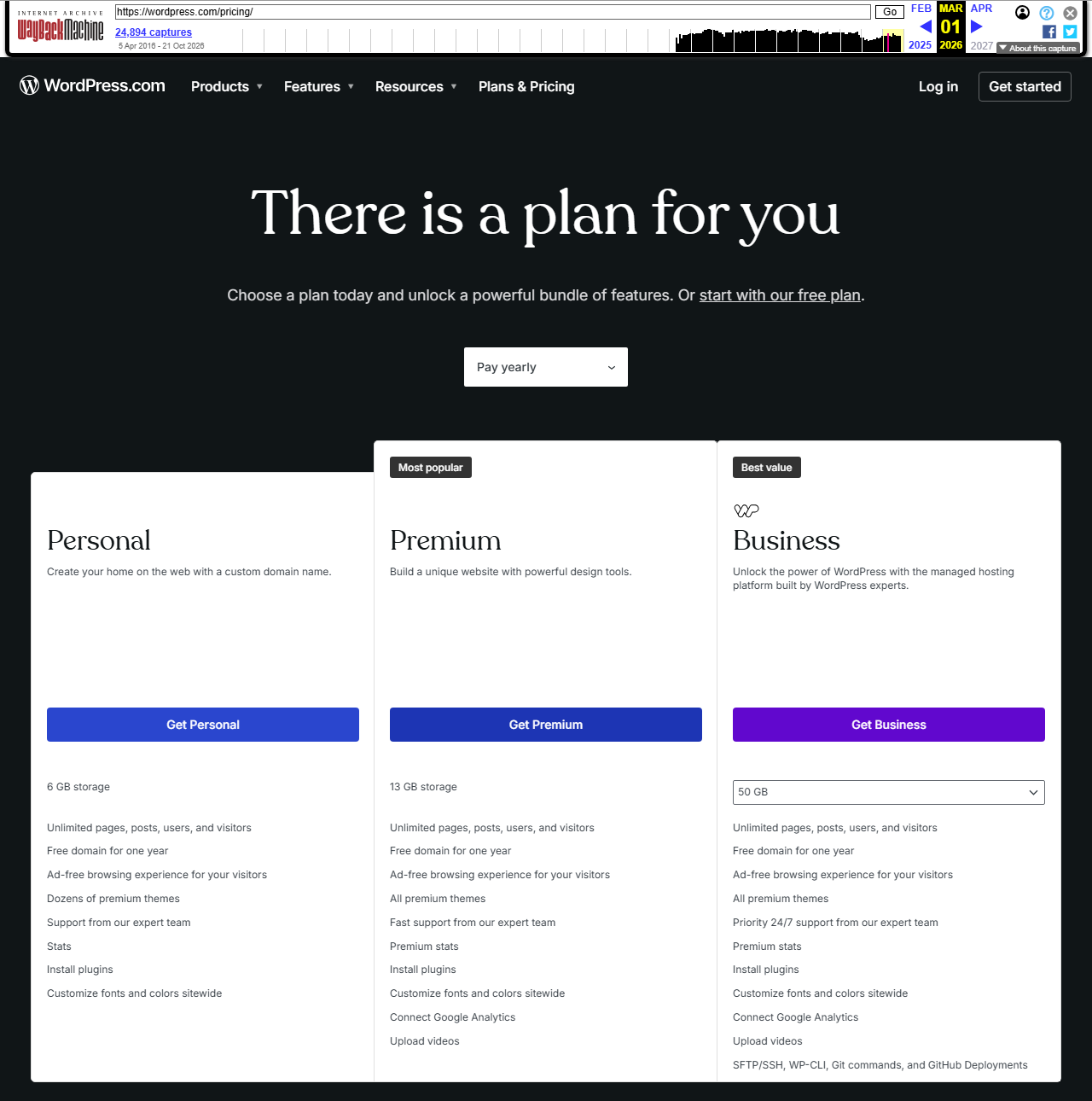 Internet Archive copy of wordpress.com/pricing dated March 1, 2026, showing Personal, Premium and Business cards with Install plugins listed on each card