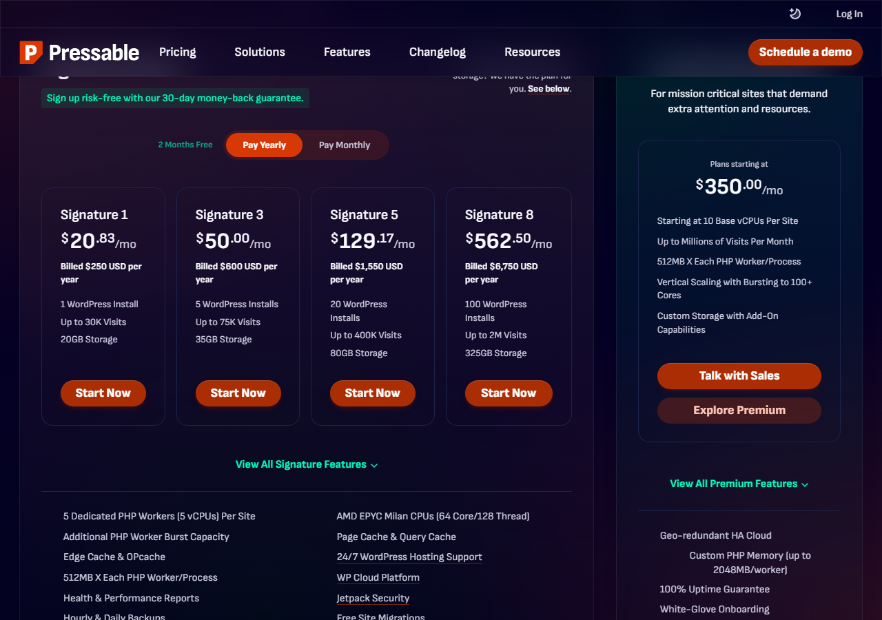 Pressable pricing page with a 30-day money-back guarantee banner, Pay Yearly selected with 2 months free, and Signature plans: Signature 1 at 20.83 dollars a month billed 250 dollars a year with 1 WordPress install, up to 30K visits and 20GB storage; Signature 3 at 50 dollars; Signature 5 at 129.17 dollars; Signature 8 at 562.50 dollars; and Premium plans starting at 350 dollars a month