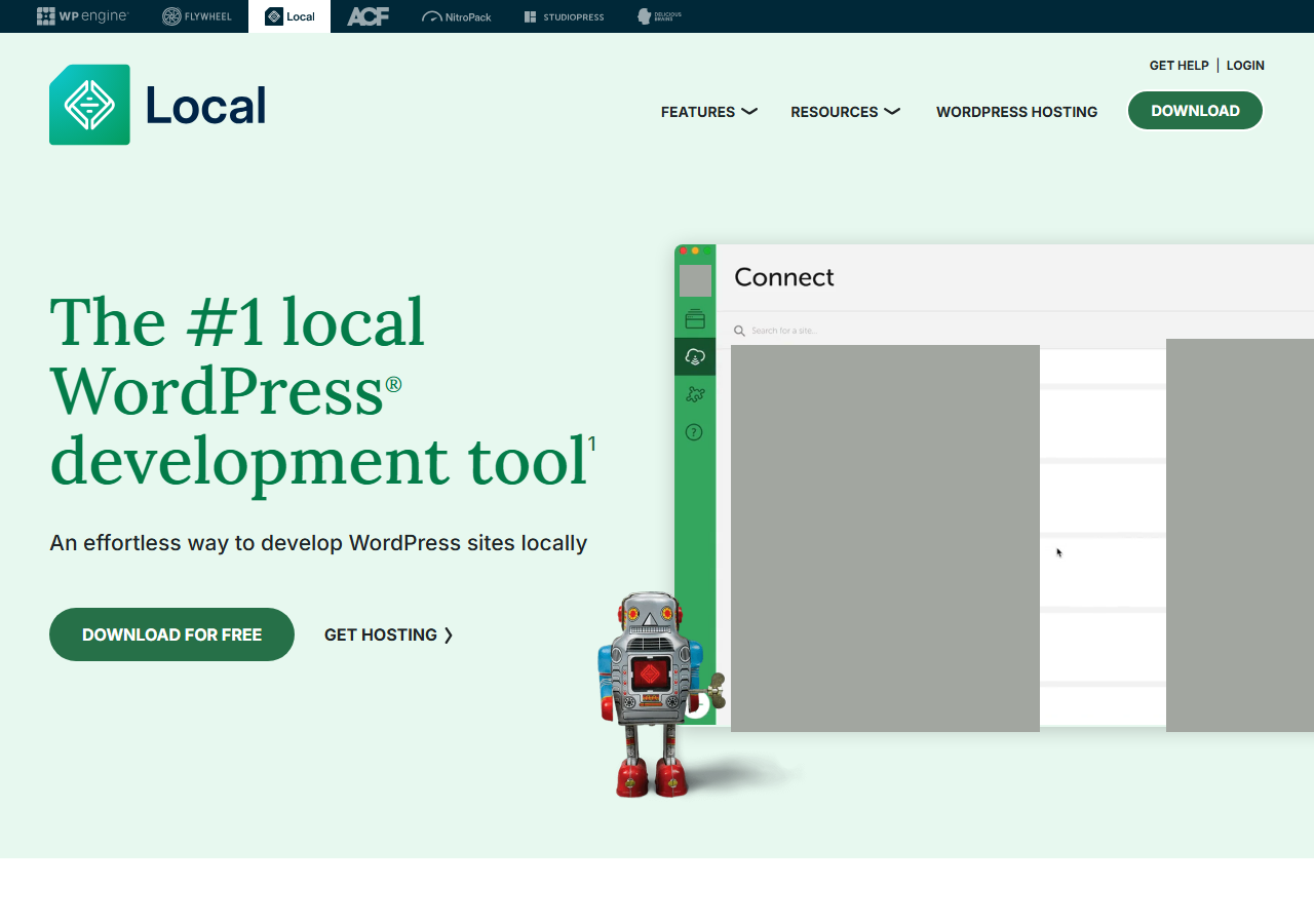 Local website headed The #1 local WordPress development tool, An effortless way to develop WordPress sites locally, with a Download for free button and a Get hosting link, beside an illustration of the Local app Connect screen; an account avatar and sample site names and images in the app illustration are covered with grey boxes