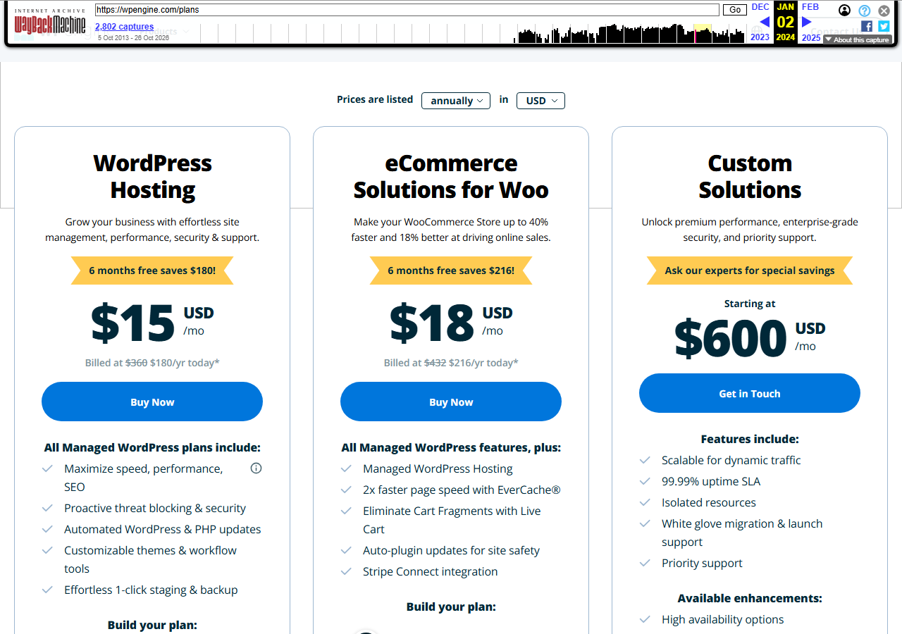 Internet Archive copy of the WP Engine plans page dated January 2, 2024, with the Wayback Machine toolbar, showing WordPress Hosting at 15 dollars a month with a 6 months free saves 180 dollars banner, billed at 360 dollars struck through and 180 dollars a year today, eCommerce Solutions for Woo at 18 dollars a month, and Custom Solutions starting at 600 dollars a month