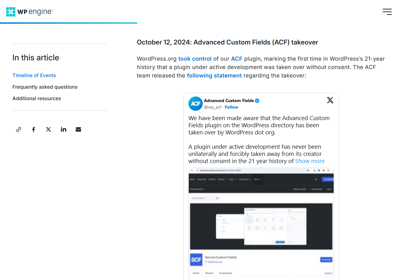 WP Engine blog entry October 12, 2024: Advanced Custom Fields takeover, saying WordPress.org took control of the ACF plugin, with an embedded post from the Advanced Custom Fields account saying a plugin under active development has never been unilaterally and forcibly taken away from its creator, and a picture of the Secure Custom Fields plugin page