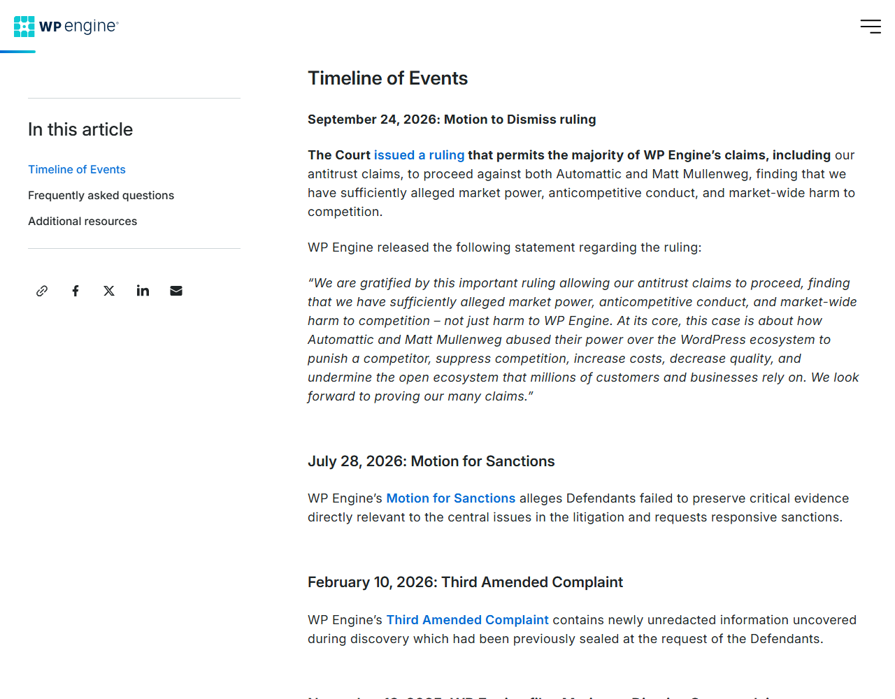 WP Engine blog page Timeline of Events with the entry September 24, 2026: Motion to Dismiss ruling, saying the court issued a ruling that permits the majority of WP Engine claims, including antitrust claims, to proceed, followed by WP Engine's statement in italics, and entries for July 28, 2026 Motion for Sanctions and February 10, 2026 Third Amended Complaint