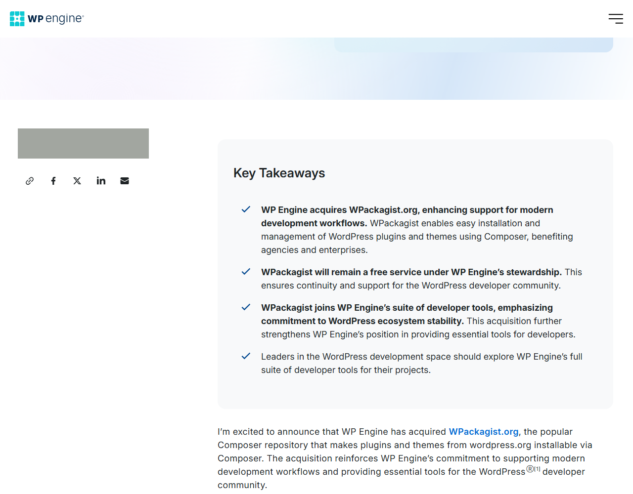 WP Engine blog post on acquiring WPackagist with Key Takeaways: WP Engine acquires WPackagist.org for Composer-based plugin and theme installs; WPackagist will remain a free service under WP Engine stewardship; it joins WP Engine developer tools; the author photo, name and title are covered with a grey box