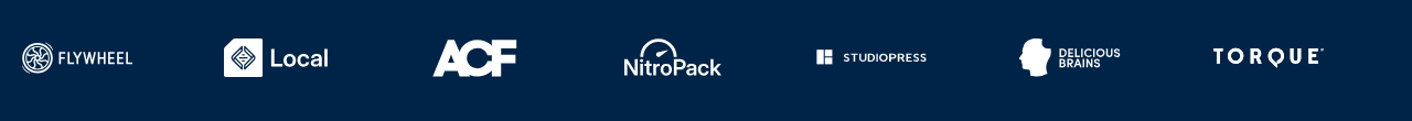 Row of brand logos from the wpengine.com site footer: Flywheel, Local, ACF, NitroPack, StudioPress, Delicious Brains and Torque, in white on a dark blue background