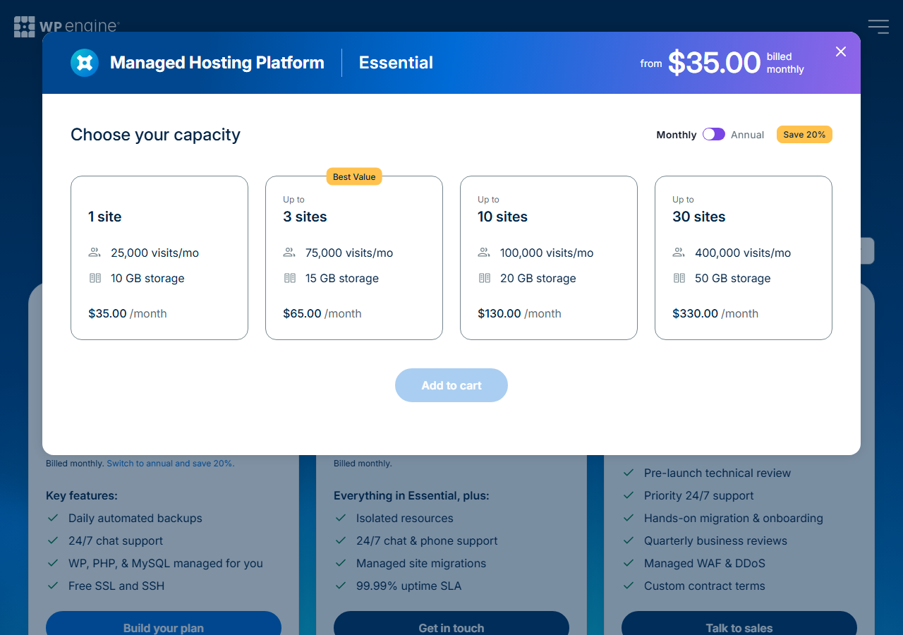 WP Engine plan builder for Essential with the Monthly toggle on, showing 1 site at 35 dollars a month, up to 3 sites at 65 dollars, up to 10 sites at 130 dollars and up to 30 sites at 330 dollars a month, header from 35 dollars billed monthly