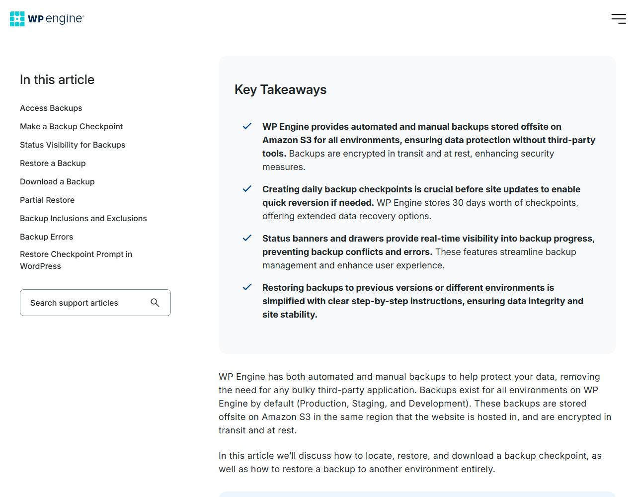 WP Engine support article on backups with Key Takeaways: automated and manual backups stored offsite on Amazon S3 for all environments and encrypted in transit and at rest; create backup checkpoints before updates, with 30 days worth of checkpoints stored; status banners show backup progress; and restoring to previous versions or other environments, beside a table of contents with Make a Backup Checkpoint, Restore a Backup, Download a Backup and Partial Restore