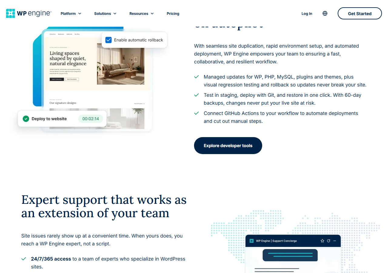 WP Engine managed hosting page section with an illustration of an Enable automatic rollback checkbox and a Deploy to website timer, and bullet points: managed updates for WP, PHP, MySQL, plugins and themes with visual regression testing and rollback; test in staging, deploy with Git, and restore in one click, with 60-day backups; and connect GitHub Actions to automate deployments