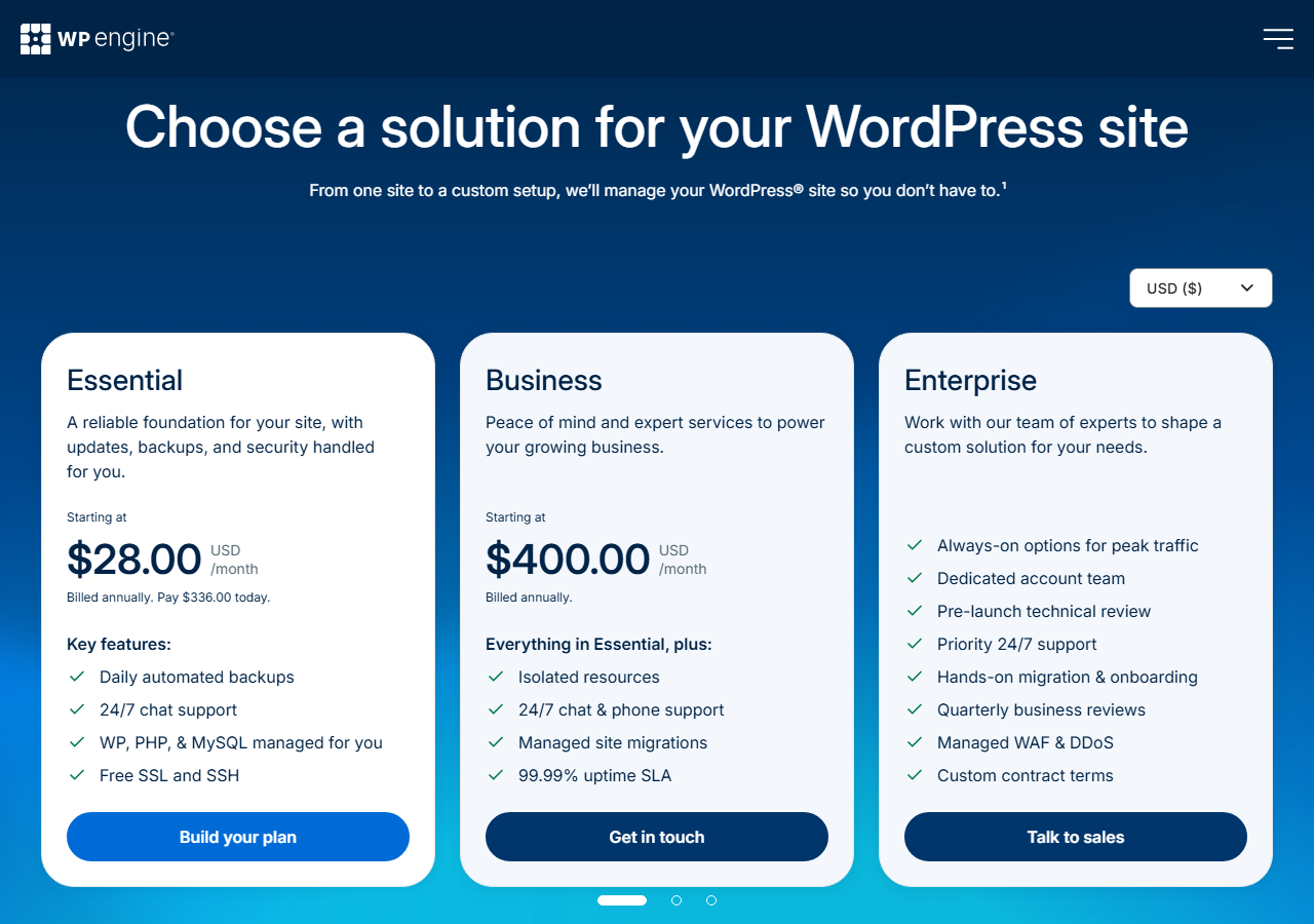 WP Engine plans page headed Choose a solution for your WordPress site, with a USD currency selector and three plan cards: Essential, starting at 28 dollars a month, billed annually, pay 336 dollars today, with daily automated backups, 24/7 chat support, WP, PHP and MySQL managed for you and free SSL and SSH; Business, starting at 400 dollars a month billed annually, with isolated resources, 24/7 chat and phone support, managed site migrations and a 99.99% uptime SLA; and Enterprise, with always-on options for peak traffic, a dedicated account team, priority 24/7 support, managed WAF and DDoS and custom contract terms
