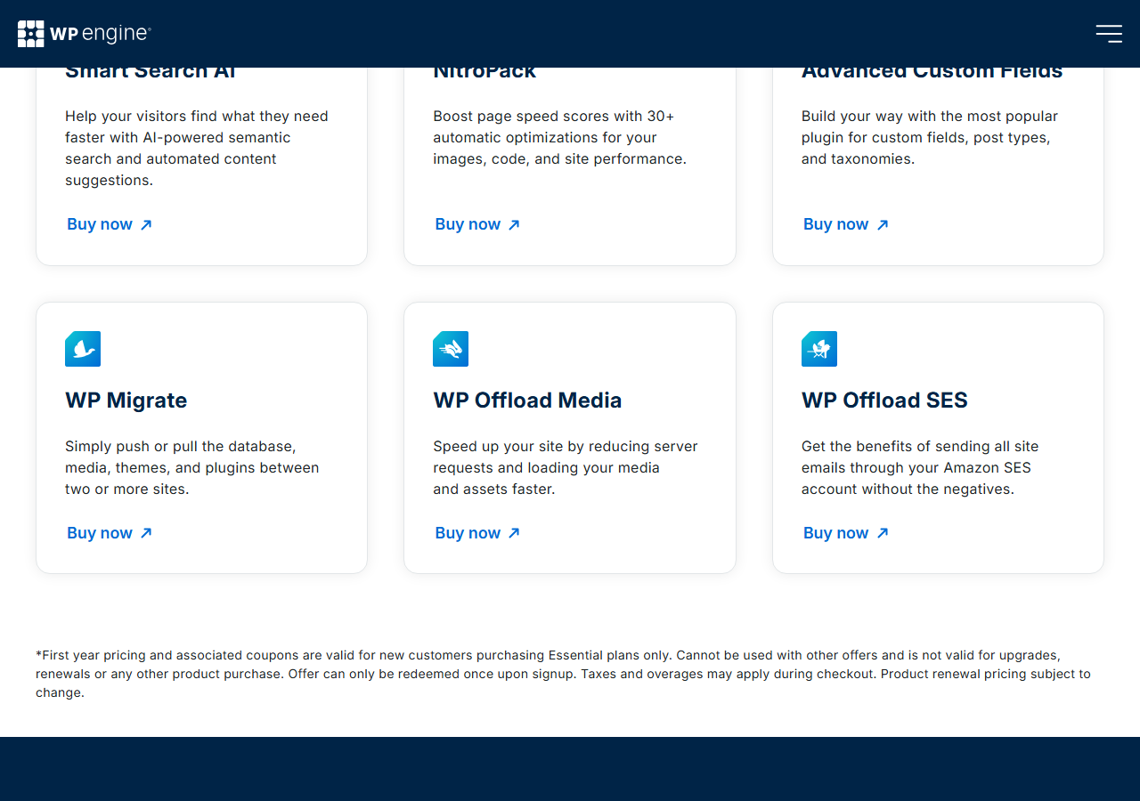 WP Engine plans page Ecosystem tools section with cards for Smart Search AI, NitroPack, Advanced Custom Fields, WP Migrate, WP Offload Media and WP Offload SES, each with a Buy now link, above the footnote: First year pricing and associated coupons are valid for new customers purchasing Essential plans only, cannot be used with other offers, not valid for upgrades, renewals or any other product purchase, taxes and overages may apply during checkout, product renewal pricing subject to change