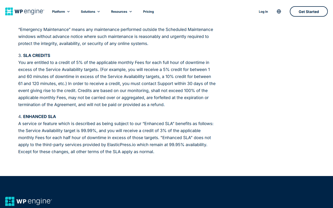 WP Engine SLA sections 3 and 4: credits of 5% of monthly fees for each full hour of downtime beyond the target, claimed within 30 days, capped at 100% and not paid as a refund; and the Enhanced SLA with a 99.99% target and 3% credit per half hour, not applying to ElasticPress.io services