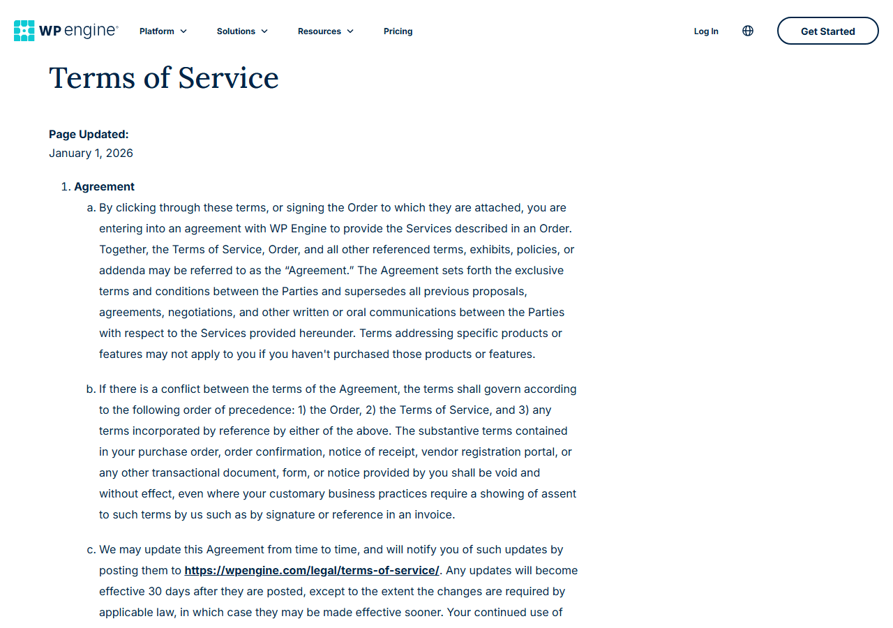 WP Engine Terms of Service page header with Page Updated January 1, 2026 and section 1, Agreement, explaining that the Terms, the order and referenced policies form the Agreement, the order of precedence, and that updates take effect 30 days after posting