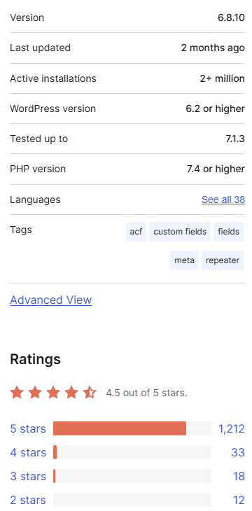 WordPress.org ACF plugin facts and ratings: version 6.8.10, last updated 2 months ago, 2+ million active installations, requires WordPress 6.2 or higher, tested up to 7.1.3, PHP 7.4 or higher, and Ratings 4.5 out of 5 stars with 1,212 five-star, 33 four-star, 18 three-star and 12 two-star ratings
