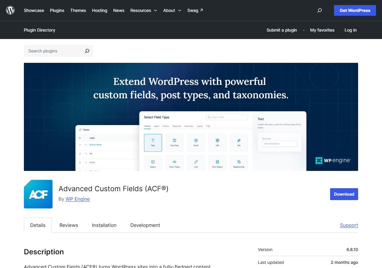 WordPress.org plugin page for Advanced Custom Fields (ACF) By WP Engine, with a banner Extend WordPress with powerful custom fields, post types, and taxonomies, a Download button, and version 6.8.10 last updated 2 months ago