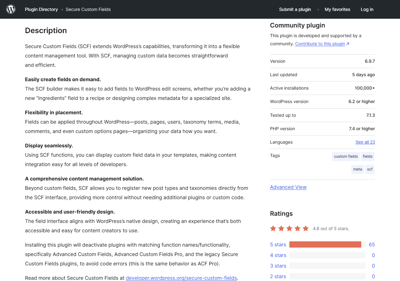WordPress.org Secure Custom Fields description, including the line that installing this plugin will deactivate plugins with matching function names or functionality, specifically Advanced Custom Fields, Advanced Custom Fields Pro and the legacy Secure Custom Fields plugins, and a side panel showing version 6.9.7, last updated 5 days ago, 100,000+ active installations and a 4.8 out of 5 rating with 65 five-star ratings