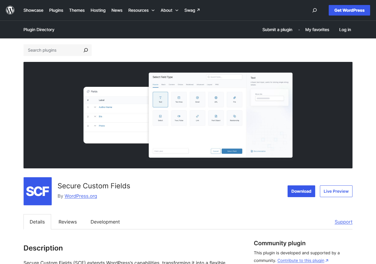 WordPress.org plugin page for Secure Custom Fields By WordPress.org, with a field builder screenshot, Download and Live Preview buttons and a Community plugin note