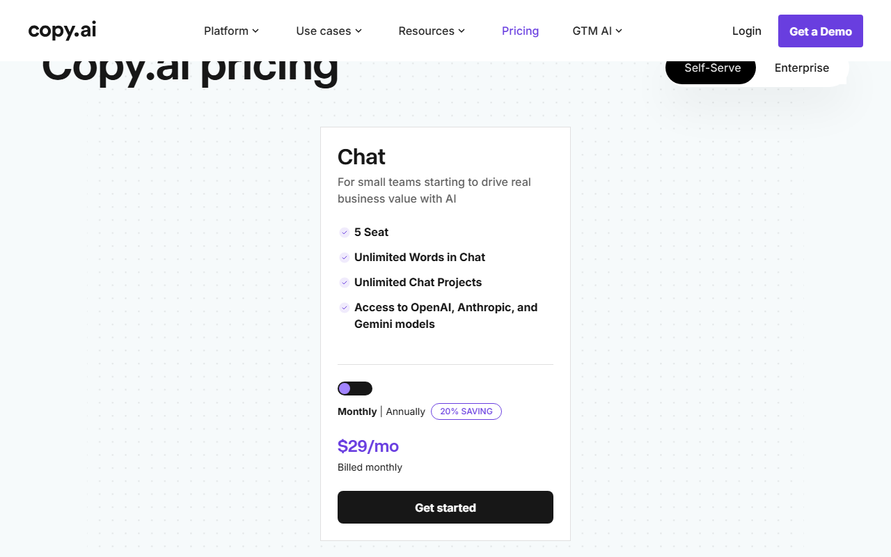 Copy.ai pricing page showing a self-serve Chat plan at 29 dollars per month billed monthly with 5 seats and unlimited words in chat, and Growth, Expansion and Scale plans billed yearly