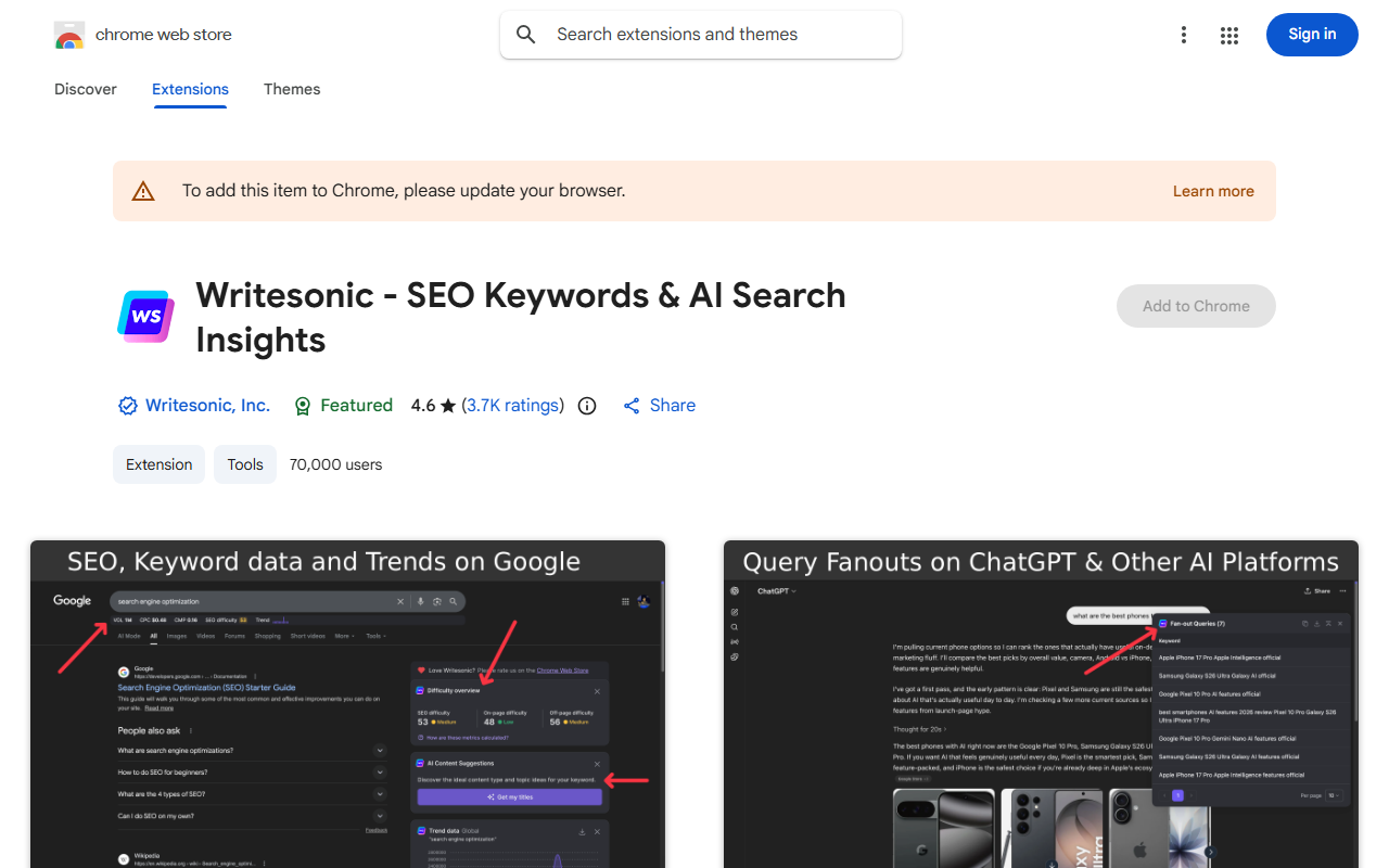 US Chrome Web Store listing for Writesonic - SEO Keywords and AI Search Insights by Writesonic, Inc., marked Featured, rated 4.6 stars from 3.7K ratings with 70,000 users, with screenshots titled SEO, Keyword data and Trends on Google and Query Fanouts on ChatGPT and Other AI Platforms