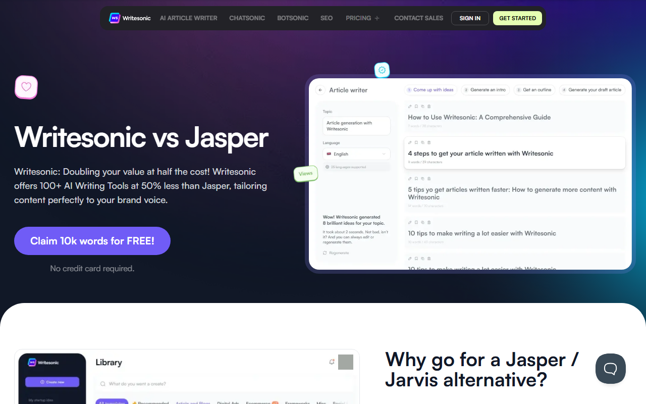 Writesonic vs Jasper comparison page in the old design, with the claim Writesonic offers 100+ AI Writing Tools at 50 percent less than Jasper, a button Claim 10k words for FREE, No credit card required, and an old article writer interface; a small profile picture in the interface mockup is masked