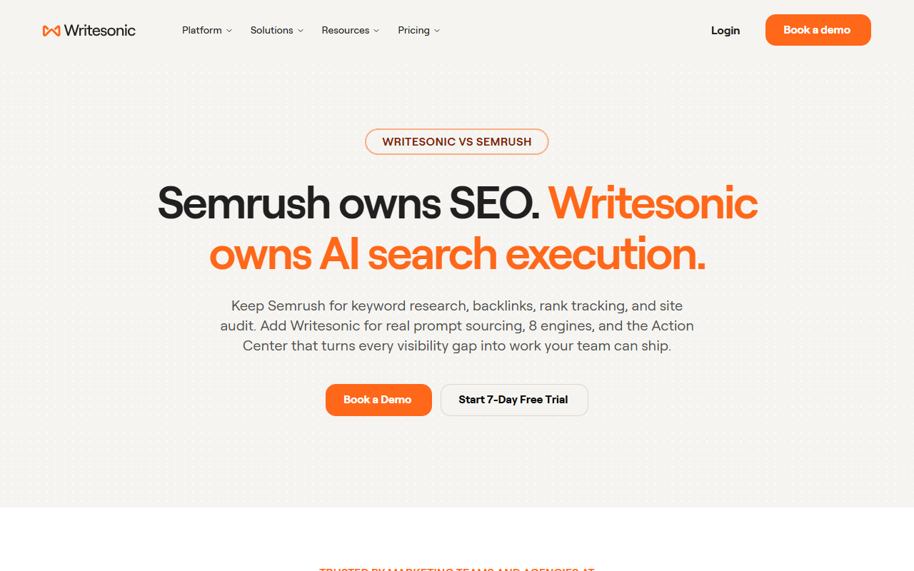 Writesonic comparison page Writesonic vs Semrush with the headline Semrush owns SEO, Writesonic owns AI search execution, suggesting keeping Semrush for keyword research, backlinks, rank tracking and site audit and adding Writesonic for prompt sourcing, 8 engines and the Action Center