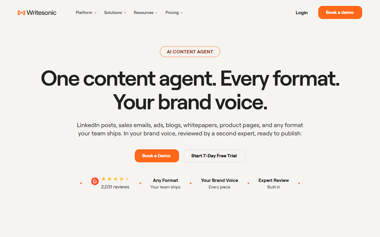 Writesonic AI Content Agent page with the headline One content agent, Every format, Your brand voice, the line LinkedIn posts, sales emails, ads, blogs, whitepapers, product pages, and any format your team ships, In your brand voice, reviewed by a second expert, ready to publish, and buttons Book a Demo and Start 7-Day Free Trial