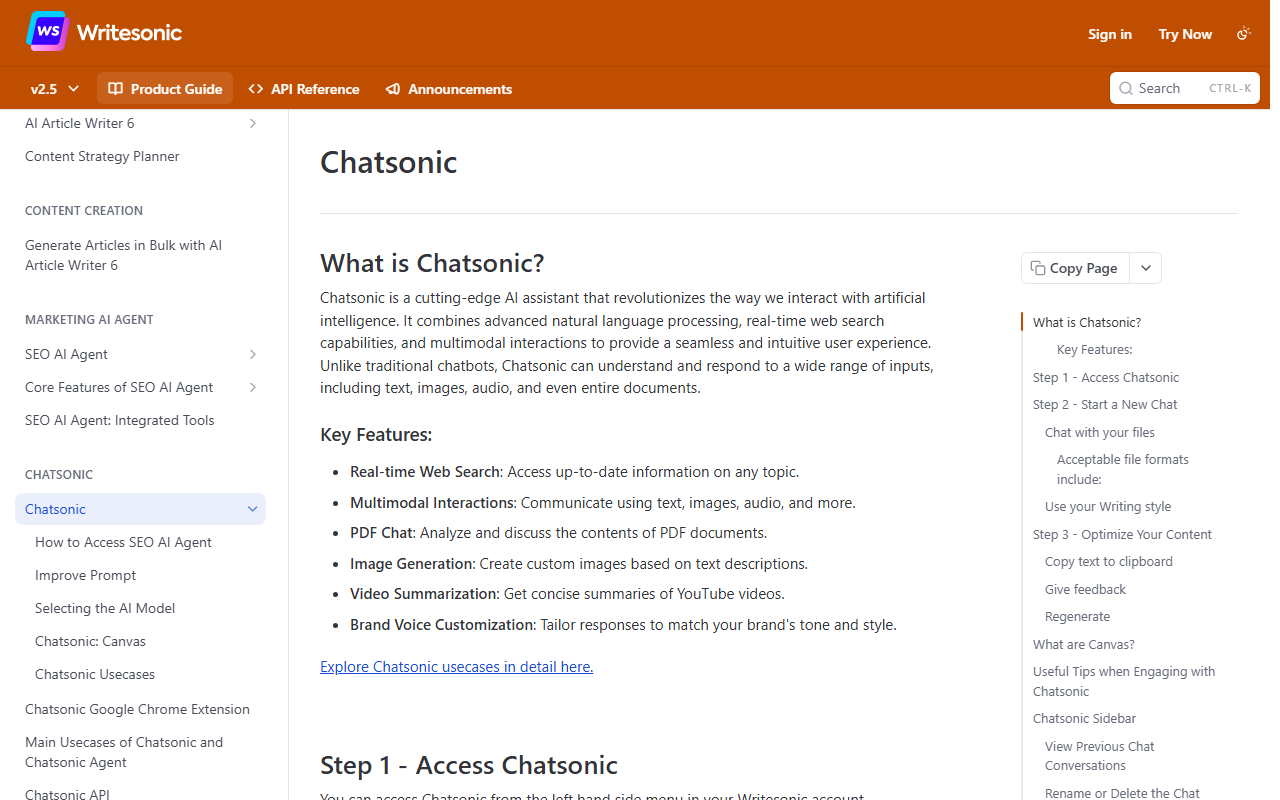 Writesonic help center article Chatsonic, under a Chatsonic section of the sidebar next to SEO AI Agent and AI Article Writer 6 entries, describing Chatsonic as an AI assistant with real-time web search, PDF chat, image generation, video summarization and brand voice customization