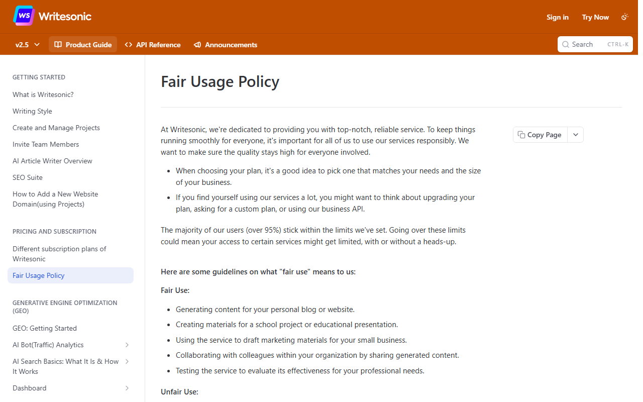 Writesonic help center Fair Usage Policy saying the majority of users, over 95 percent, stay within the limits, that going over them could limit access with or without a heads-up, and listing examples of fair use