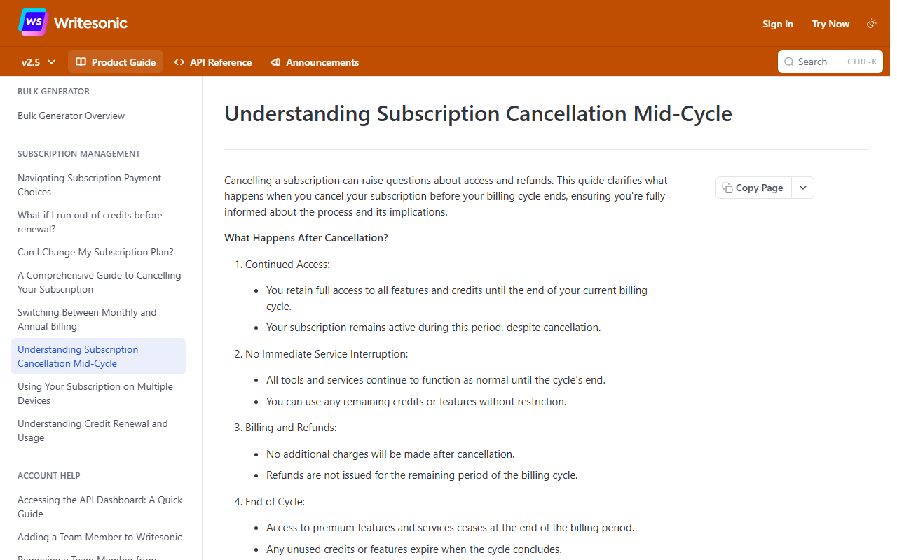 Writesonic help center article Understanding Subscription Cancellation Mid-Cycle stating that you keep access until the end of the billing cycle, no additional charges are made after cancellation, refunds are not issued for the remaining period, and unused credits or features expire when the cycle concludes