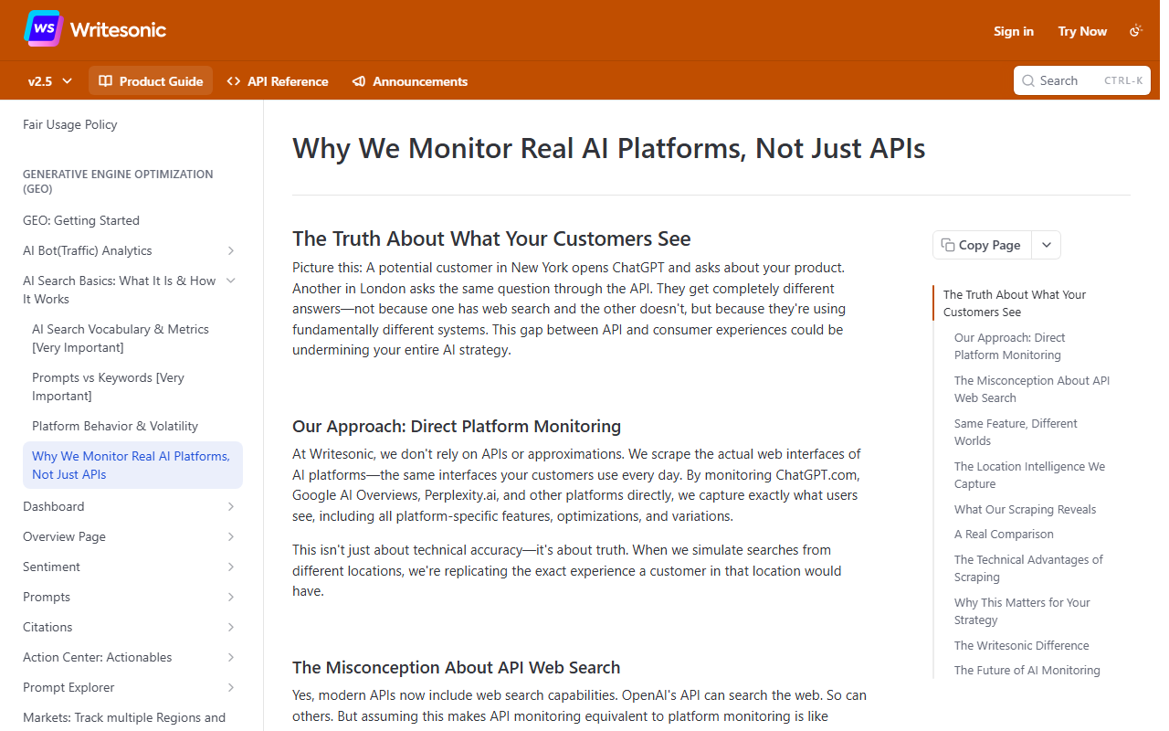 Writesonic help center article Why We Monitor Real AI Platforms, Not Just APIs, explaining that Writesonic does not rely on APIs and instead scrapes the actual web interfaces of AI platforms such as ChatGPT.com, Google AI Overviews and Perplexity.ai, simulating searches from different locations