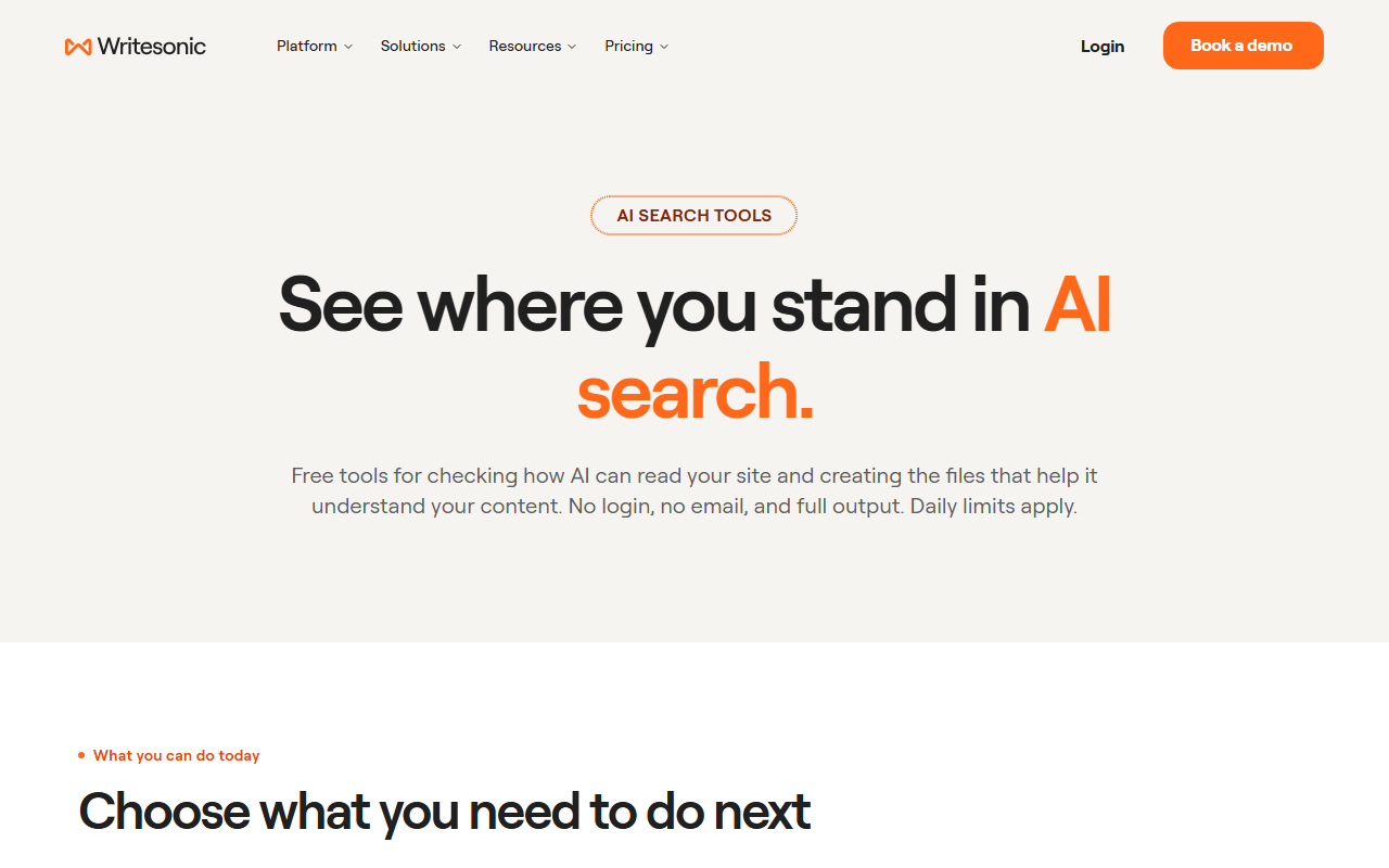 Writesonic free tools page with the tag AI Search Tools, the headline See where you stand in AI search, and the line Free tools for checking how AI can read your site and creating the files that help it understand your content, No login, no email, and full output, Daily limits apply